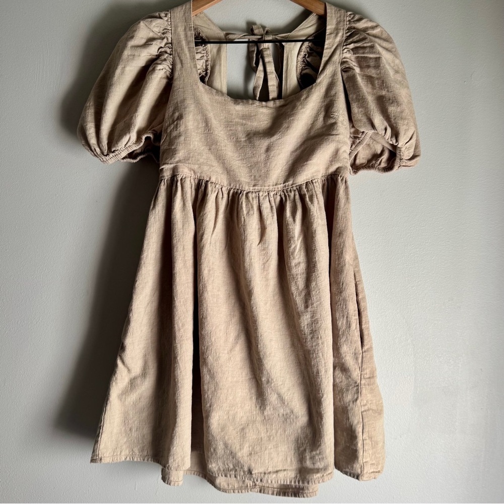 Altar'd State Tan Puff Short Sleeve Tie Open Back Mini Dress Size XS - Picture 2 of 8